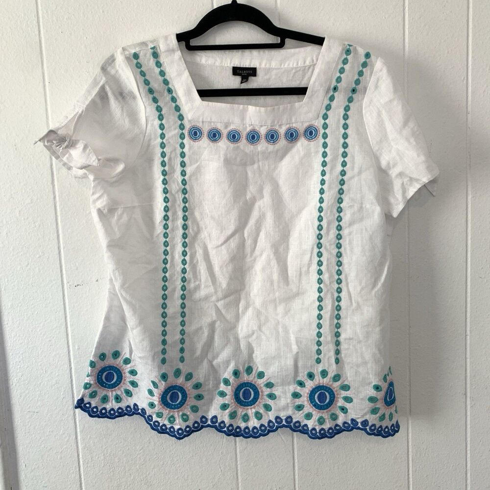 Talbots Womens Large P Shirt Peasant Cottagecore Embroidery Linen Square Neck